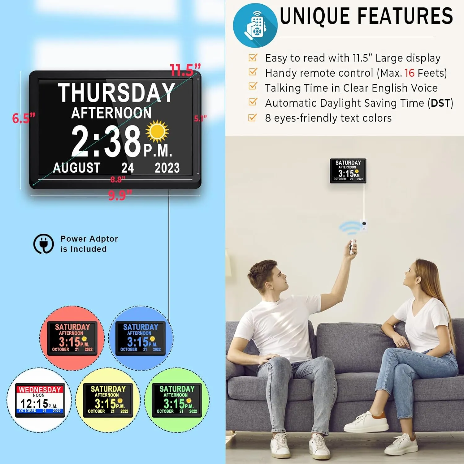 11.5 Inch Extra Large Digital Talking Clock with 19 Alarms, Auto DST, Talking Time, 20 Custom Reminders, 10-Level Auto Dimmer, Day Date Calendar Clock for Seniors Dementia Alzheimers', with Remote