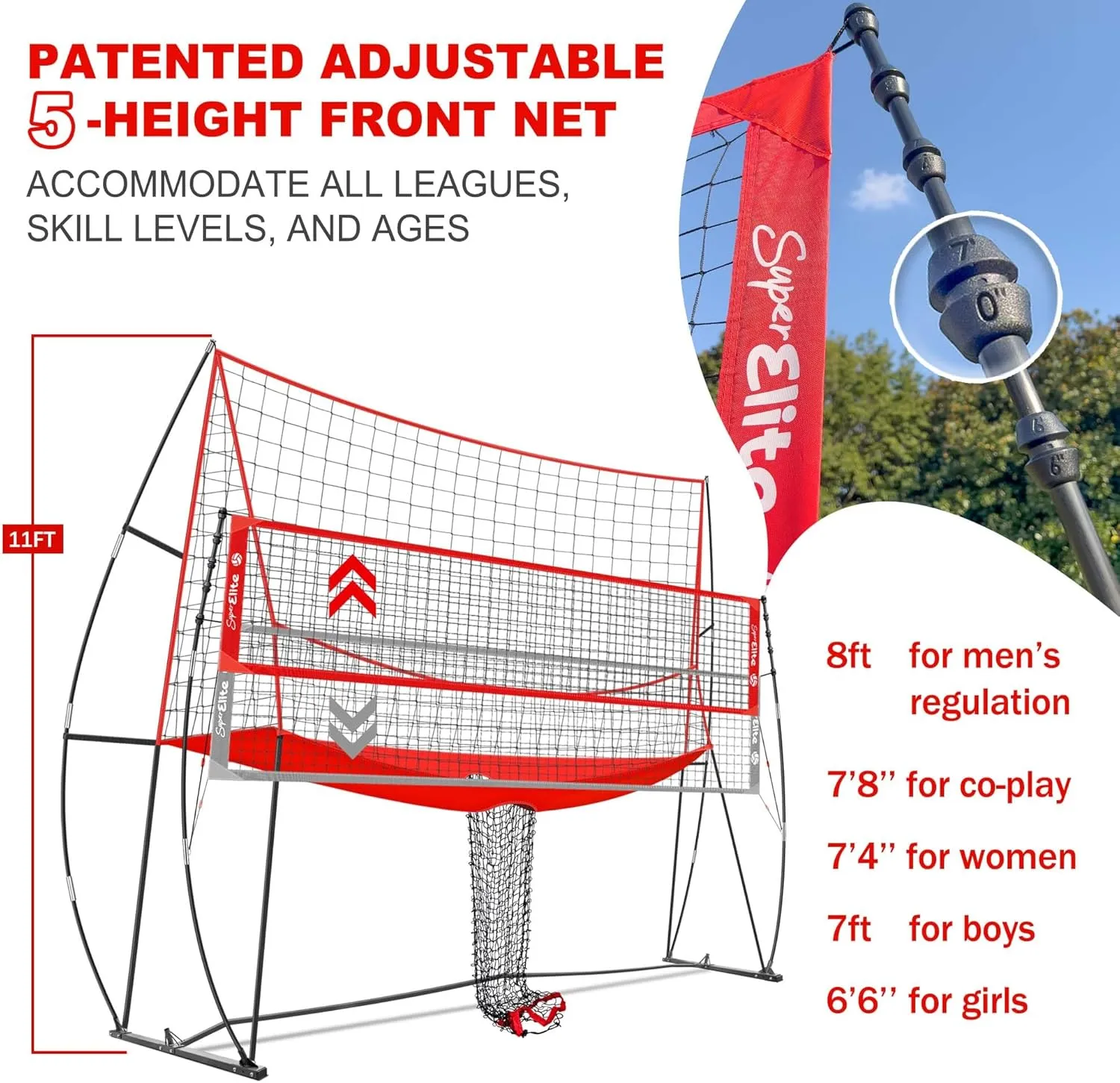 2-in-1 Volleyball Practice Net Station with Patented 5-Height (6'6'' to 8'), Heavy Duty Training System for Hitting Spiking Serving, Backyard Indoor Outdoor Trainer Equipment