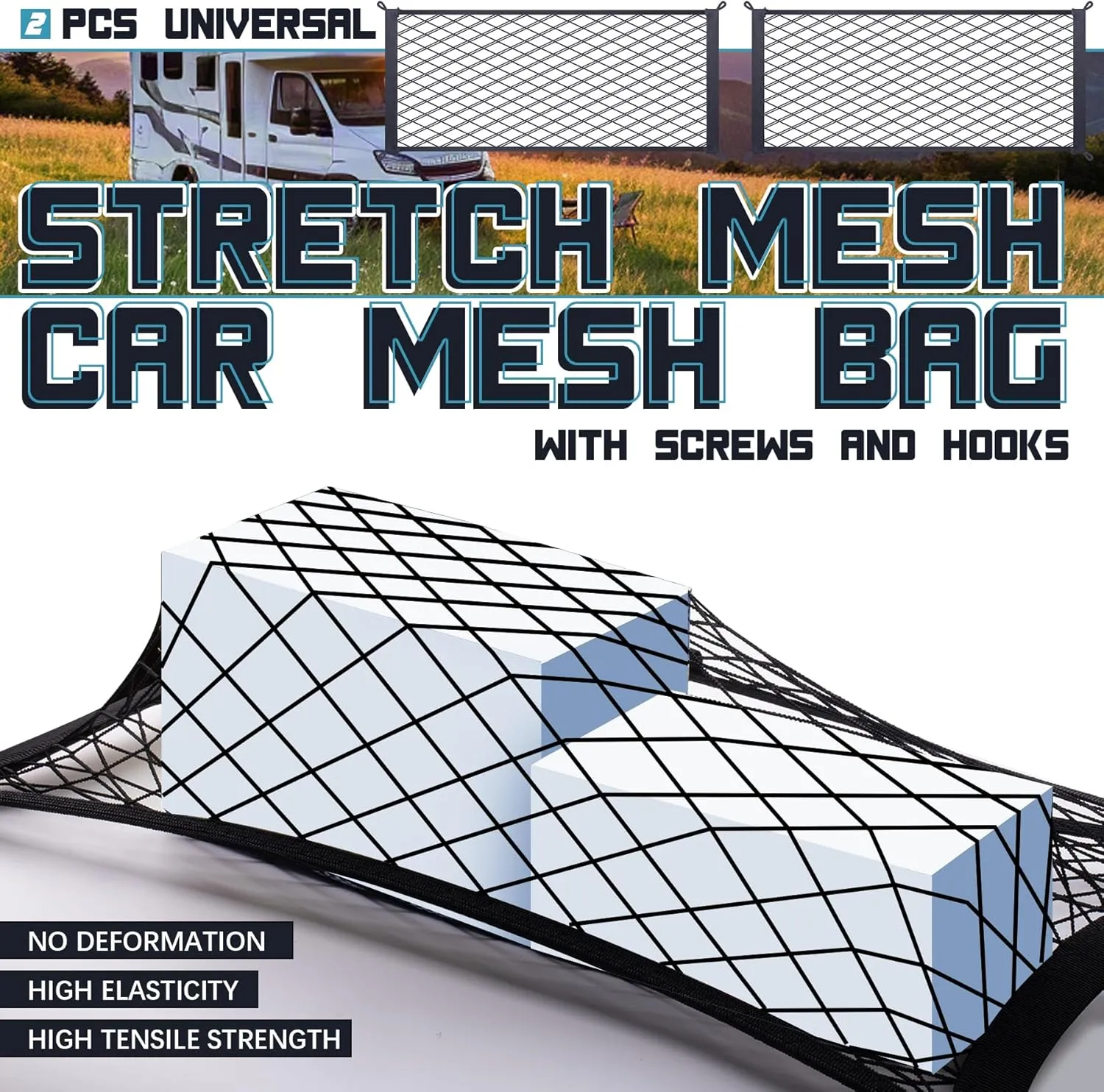 2 Pcs Universal Stretch Mesh Car Mesh Bag with Screws and Hooks for Trunk RV Boats Home Cargo Storage (21.7'' x 9.8'')
