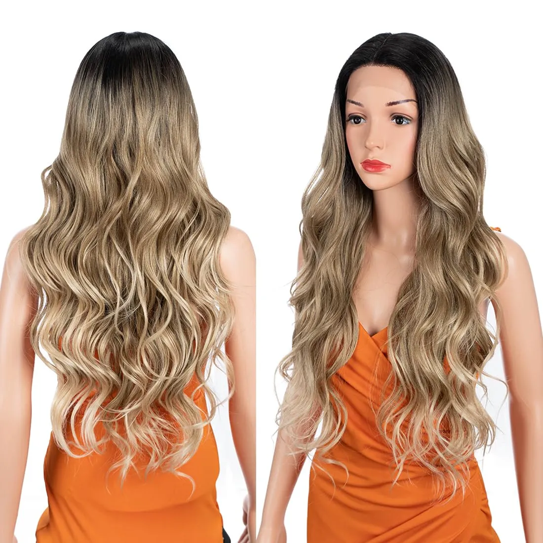 30 Inch Body Wave Wig Long Wig 13X4.5X1 Synthetic Lace Front Wig 180 Density black Flax brown Blonde Color Heat Resistant Fiber Hair Pre Plucked Wig SOP22613