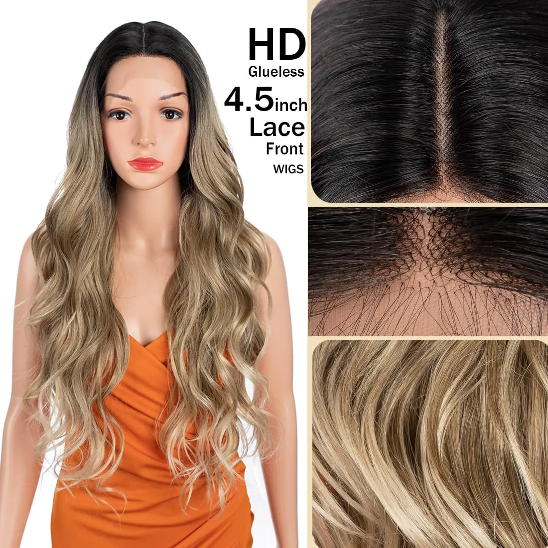 30 Inch Body Wave Wig Long Wig 13X4.5X1 Synthetic Lace Front Wig 180 Density black Flax brown Blonde Color Heat Resistant Fiber Hair Pre Plucked Wig SOP22613