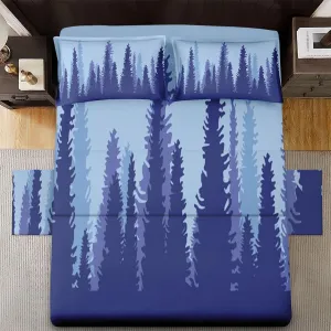 4 Pcs Fitted Sheet Set Full Bedsheet with Deep Pocket, Blue Tree Mountain Adventure, Bedroom Pine Camp Forest Abstract Bed Sets Pillowcase Flat Bed Sheet Bedding Decor for Kids and Adults