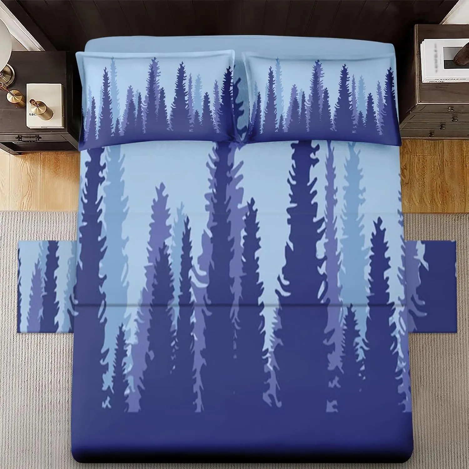 4 Pcs Fitted Sheet Set Full Bedsheet with Deep Pocket, Blue Tree Mountain Adventure, Bedroom Pine Camp Forest Abstract Bed Sets Pillowcase Flat Bed Sheet Bedding Decor for Kids and Adults