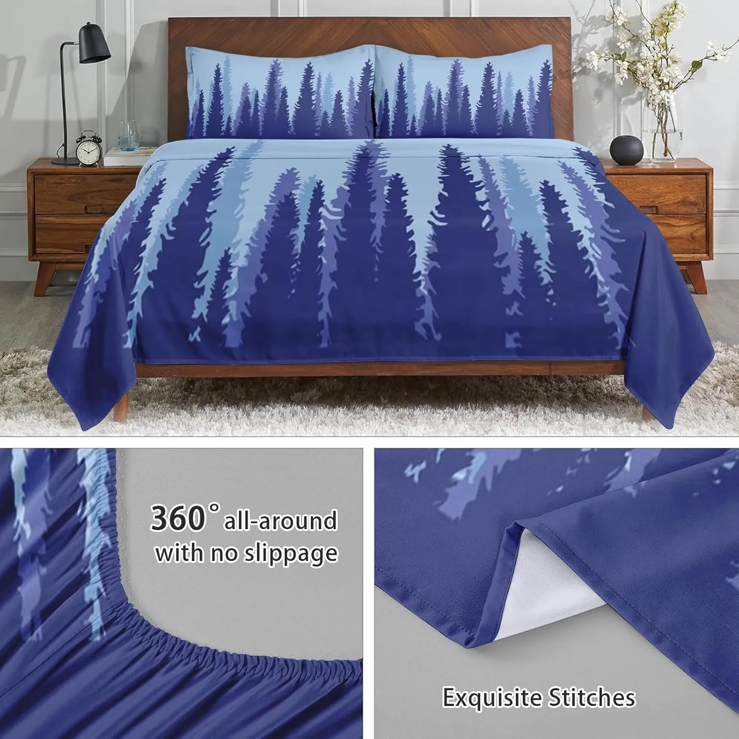 4 Pcs Fitted Sheet Set Full Bedsheet with Deep Pocket, Blue Tree Mountain Adventure, Bedroom Pine Camp Forest Abstract Bed Sets Pillowcase Flat Bed Sheet Bedding Decor for Kids and Adults