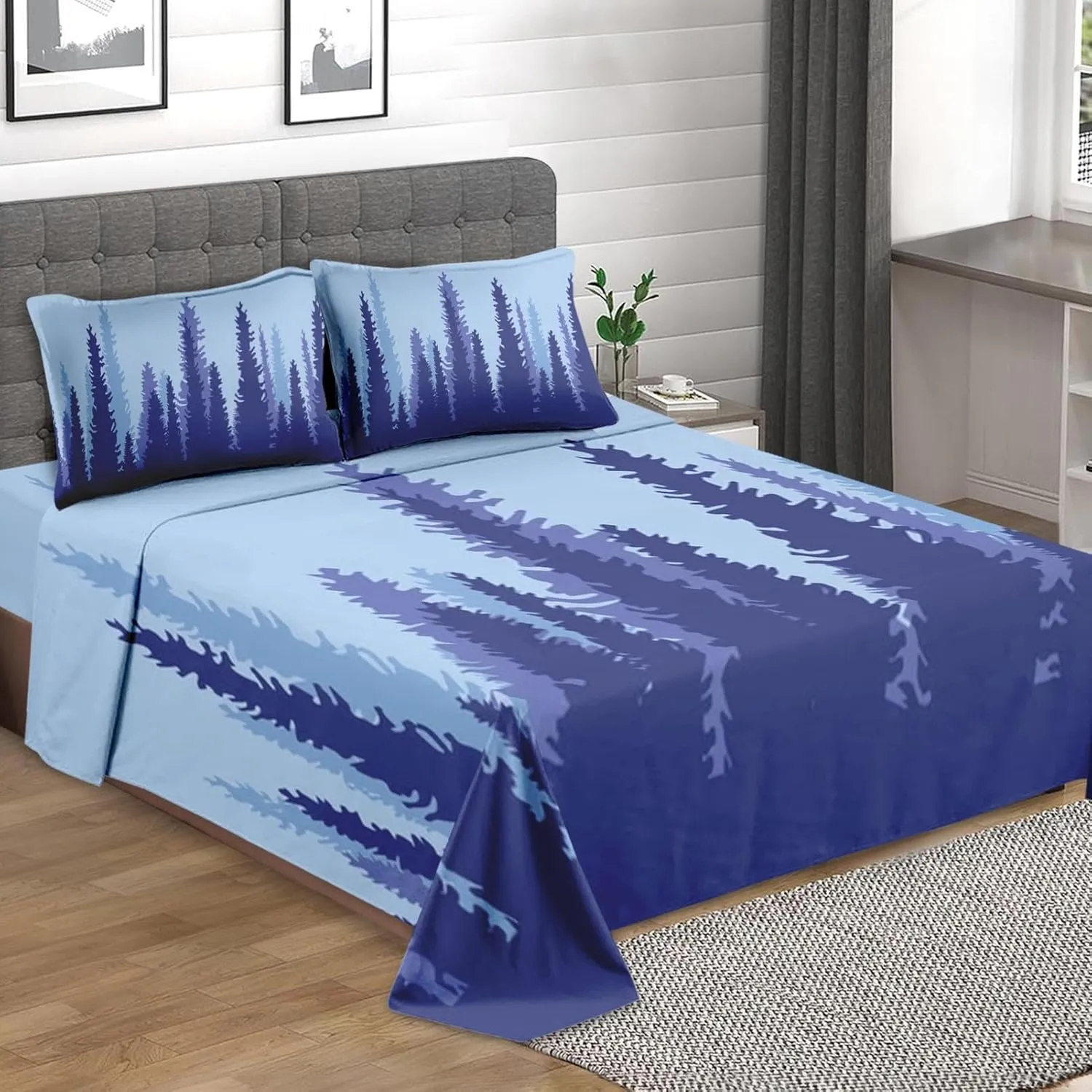 4 Pcs Fitted Sheet Set Full Bedsheet with Deep Pocket, Blue Tree Mountain Adventure, Bedroom Pine Camp Forest Abstract Bed Sets Pillowcase Flat Bed Sheet Bedding Decor for Kids and Adults