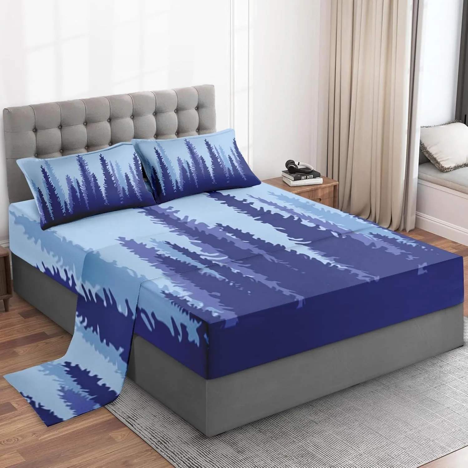 4 Pcs Fitted Sheet Set Full Bedsheet with Deep Pocket, Blue Tree Mountain Adventure, Bedroom Pine Camp Forest Abstract Bed Sets Pillowcase Flat Bed Sheet Bedding Decor for Kids and Adults