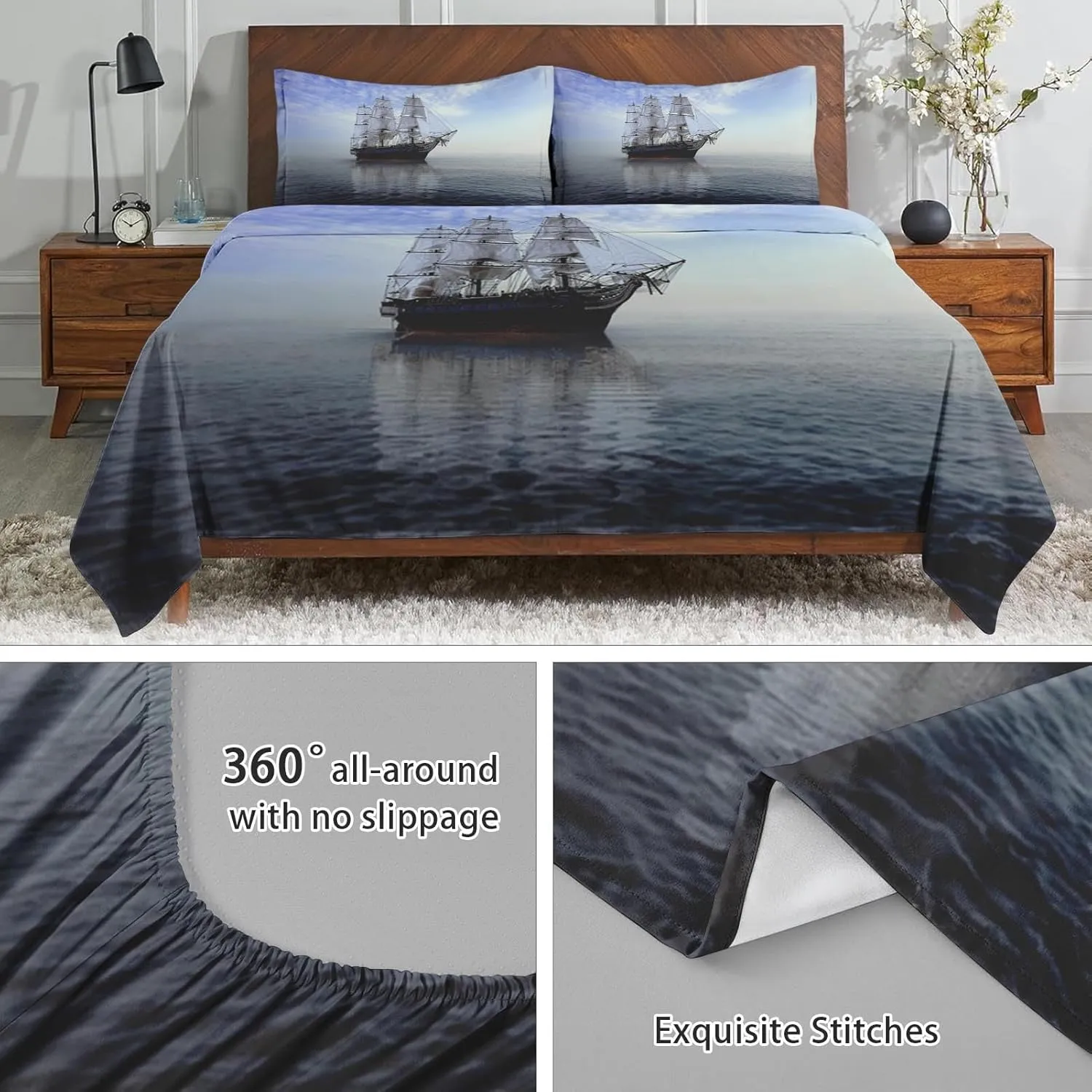 4 Pcs Fitted Sheet Set Full Bedsheet with Deep Pocket, Sea Pirate Boat Sailboat, Bedroom Navy Blue Ocean Adventure Coastal Sets Pillowcase Flat Sheet Bedding Decor for Kids and Adults