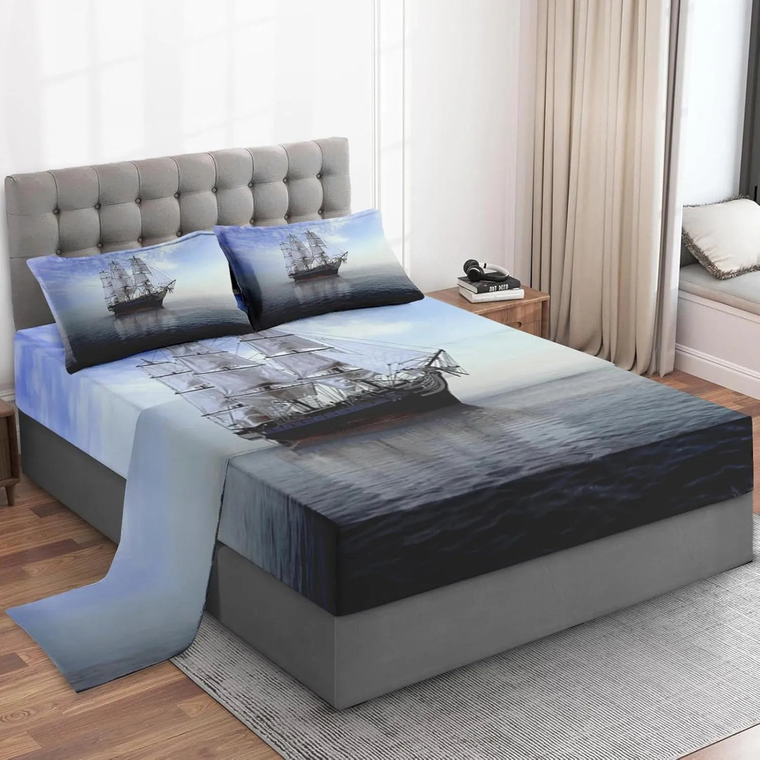 4 Pcs Fitted Sheet Set Full Bedsheet with Deep Pocket, Sea Pirate Boat Sailboat, Bedroom Navy Blue Ocean Adventure Coastal Sets Pillowcase Flat Sheet Bedding Decor for Kids and Adults