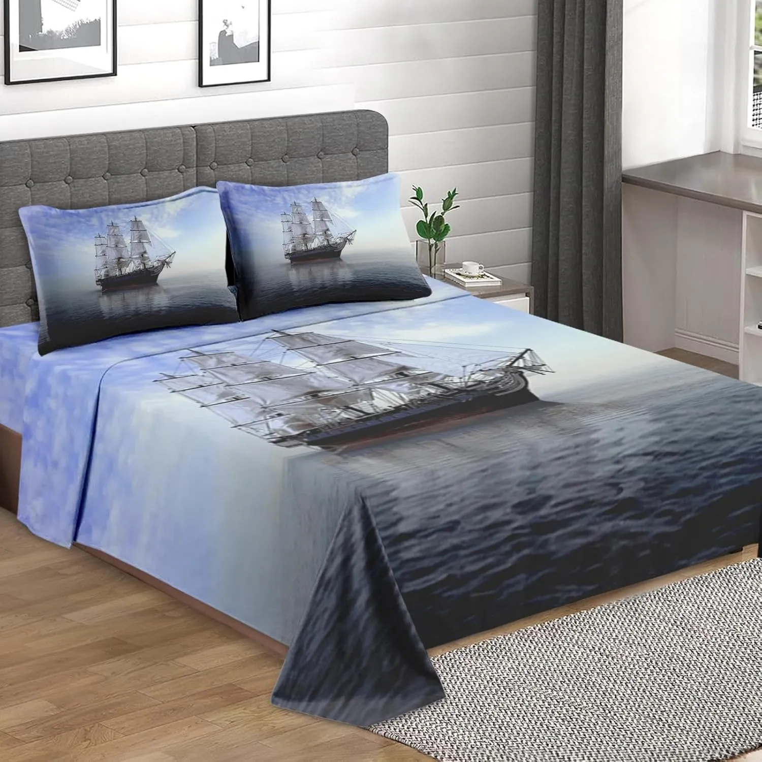 4 Pcs Fitted Sheet Set Full Bedsheet with Deep Pocket, Sea Pirate Boat Sailboat, Bedroom Navy Blue Ocean Adventure Coastal Sets Pillowcase Flat Sheet Bedding Decor for Kids and Adults