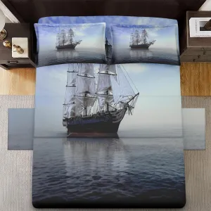 4 Pcs Fitted Sheet Set Full Bedsheet with Deep Pocket, Sea Pirate Boat Sailboat, Bedroom Navy Blue Ocean Adventure Coastal Sets Pillowcase Flat Sheet Bedding Decor for Kids and Adults