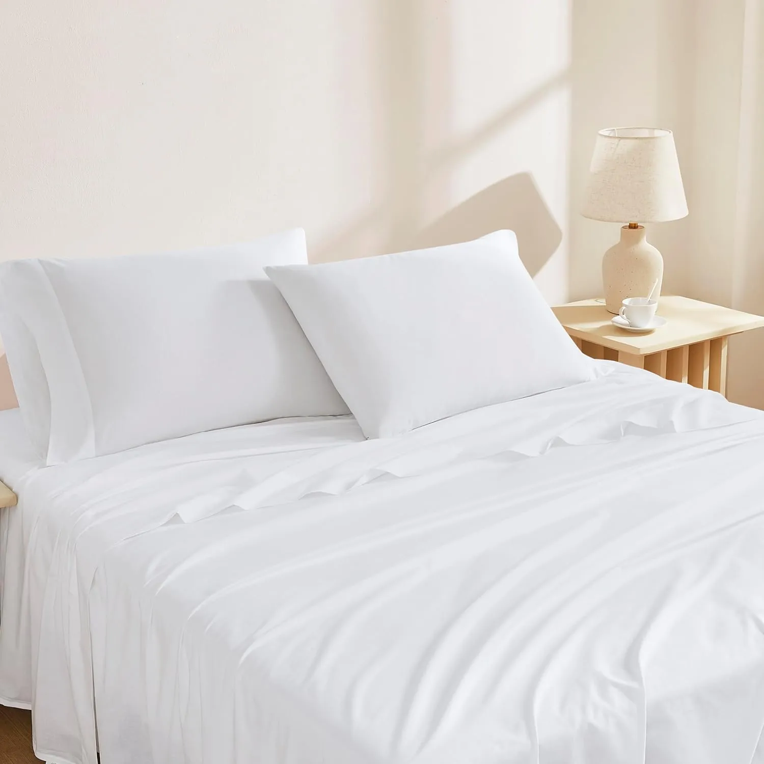 500-Thread-Count Bed Sheet Set California King Size Fits 15-18 Inches Deep Pocket (Solid, Almond Ivory)