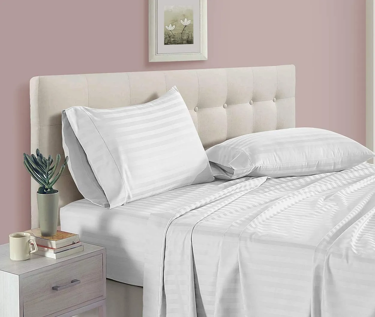 500-Thread-Count Bed Sheet Set California King Size Fits 15-18 Inches Deep Pocket (Stripe, Beach Blue)