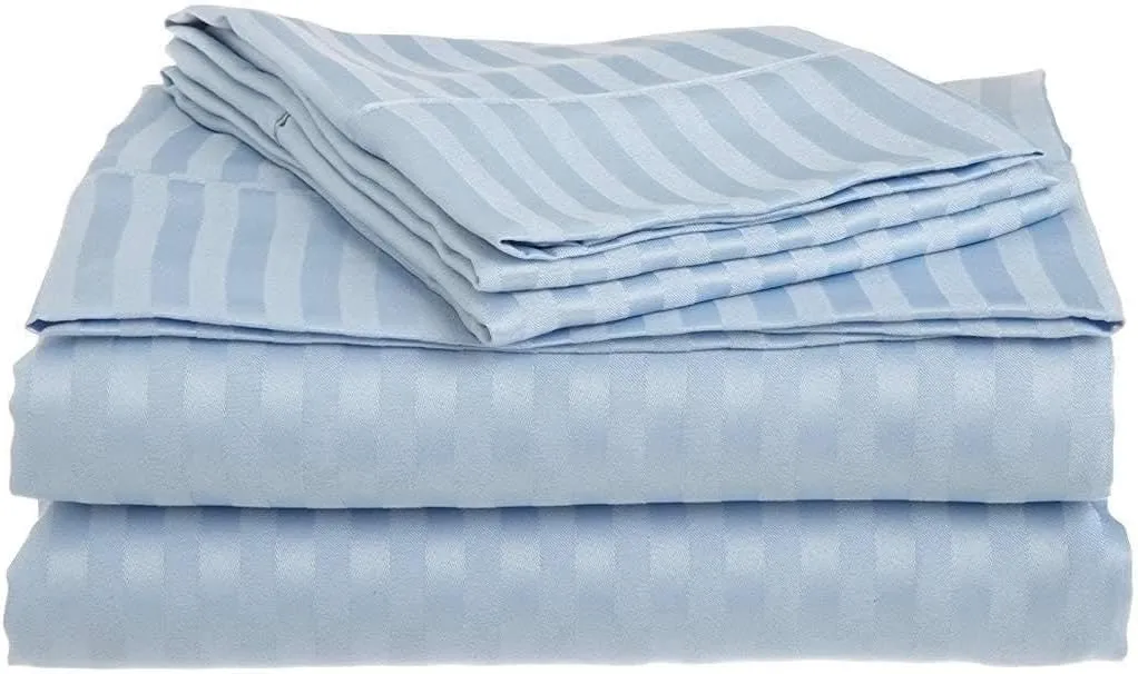 500-Thread-Count Bed Sheet Set California King Size Fits 15-18 Inches Deep Pocket (Stripe, Beach Blue)