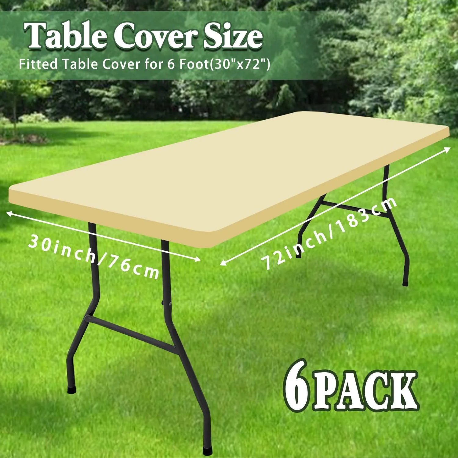6 Pack Picnic Table Cover Fitted Elastic Outdoor Tablecloths for 6 Foot Rectangle Tables Waterproof Stretch Washable Patio Folding Spandex Table Cloth for Camping Banquet Parties (Champagne,30" x 72")