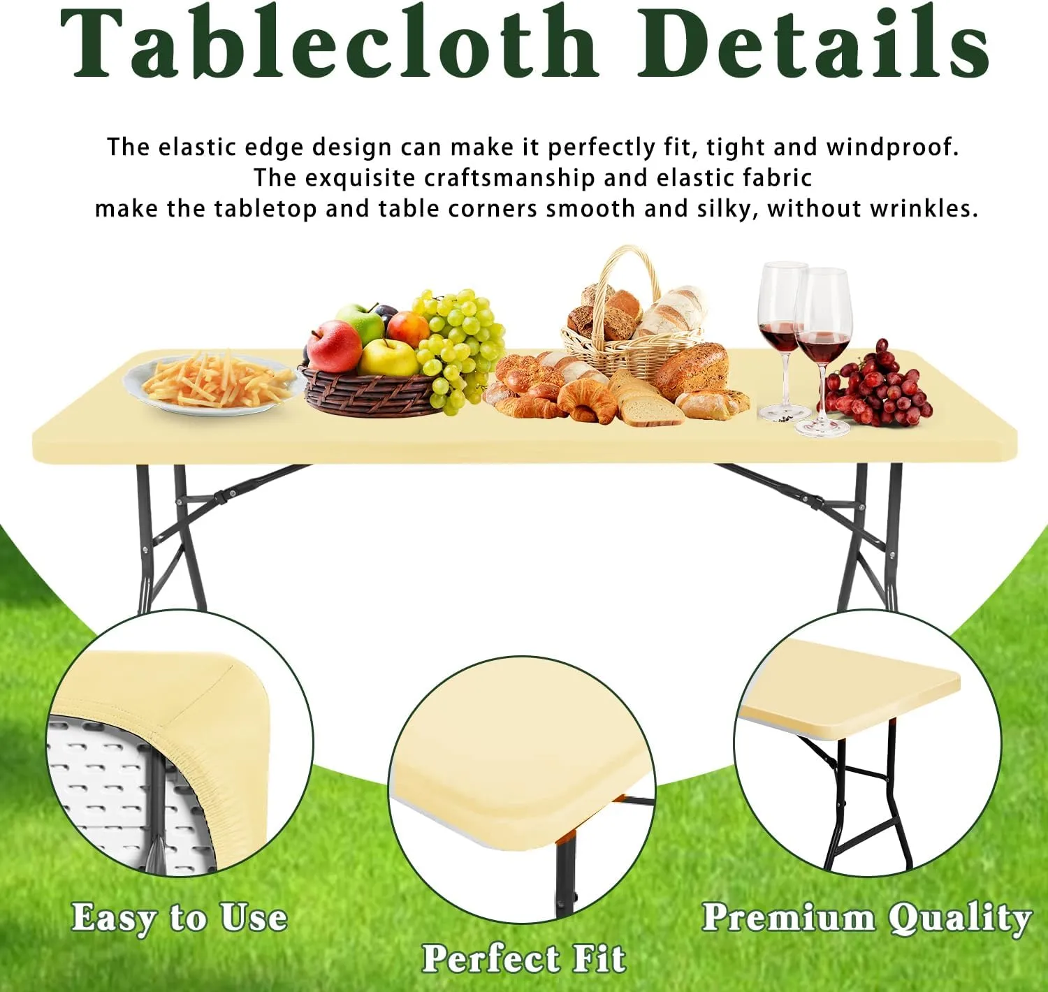 6 Pack Picnic Table Cover Fitted Elastic Outdoor Tablecloths for 6 Foot Rectangle Tables Waterproof Stretch Washable Patio Folding Spandex Table Cloth for Camping Banquet Parties (Champagne,30" x 72")