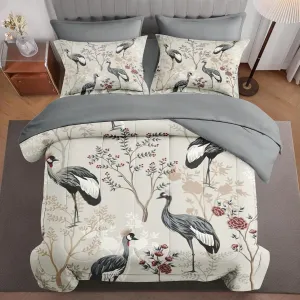 7 Pcs Comforter Set Queen Size, Vintage Tree Flower Bed in a Bag with Flat Sheet and Fitted Sheet for Kids and Adults, Bird Floral Chinoiserie Bedding Set with Pillowcases & Shams