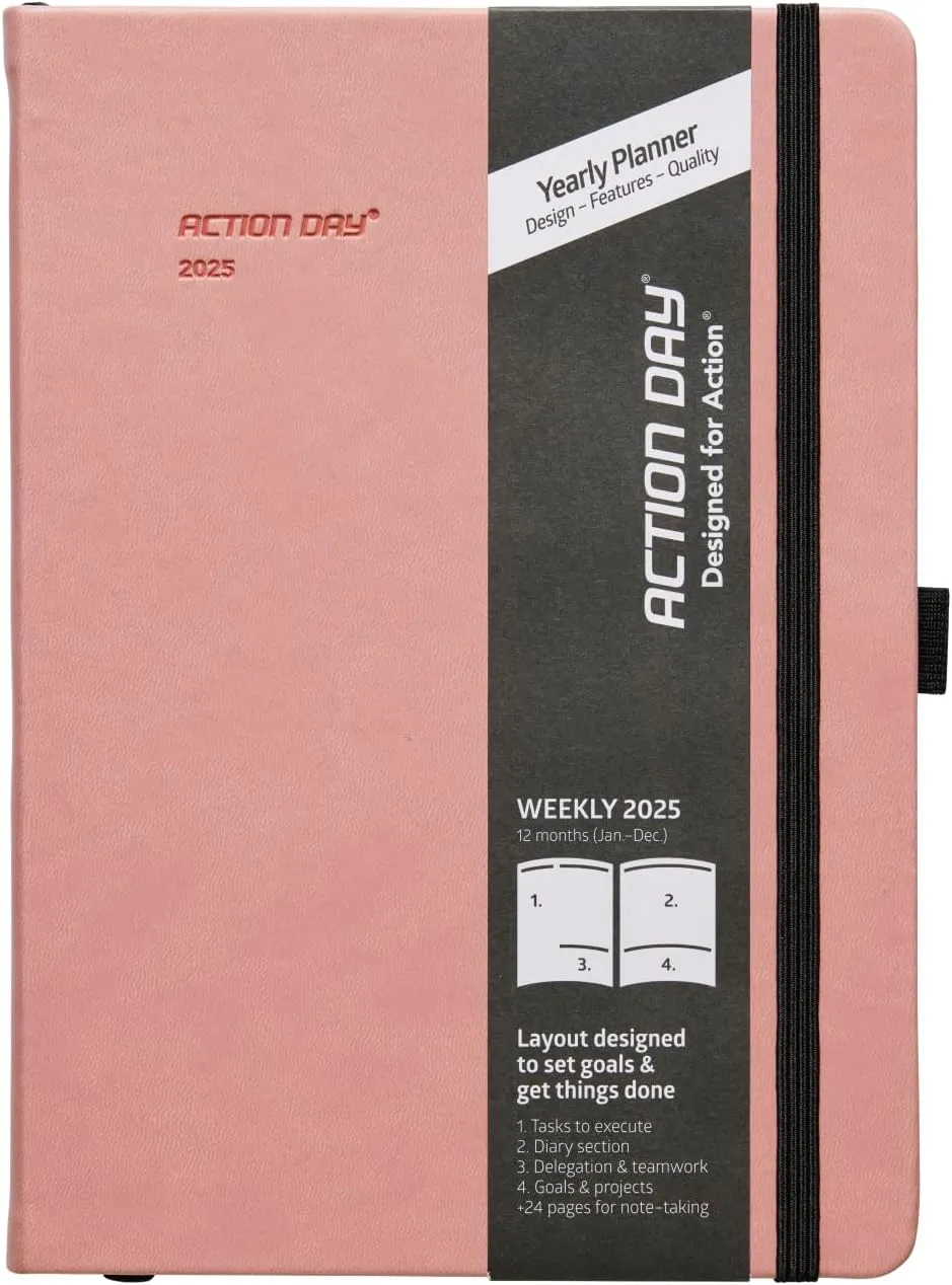Action Day 2025 Weekly Planner - Effective Planning System & Increase Productivity, To-Do List, Goals, Projects, Dated Daily Diary - 7x9 Pink