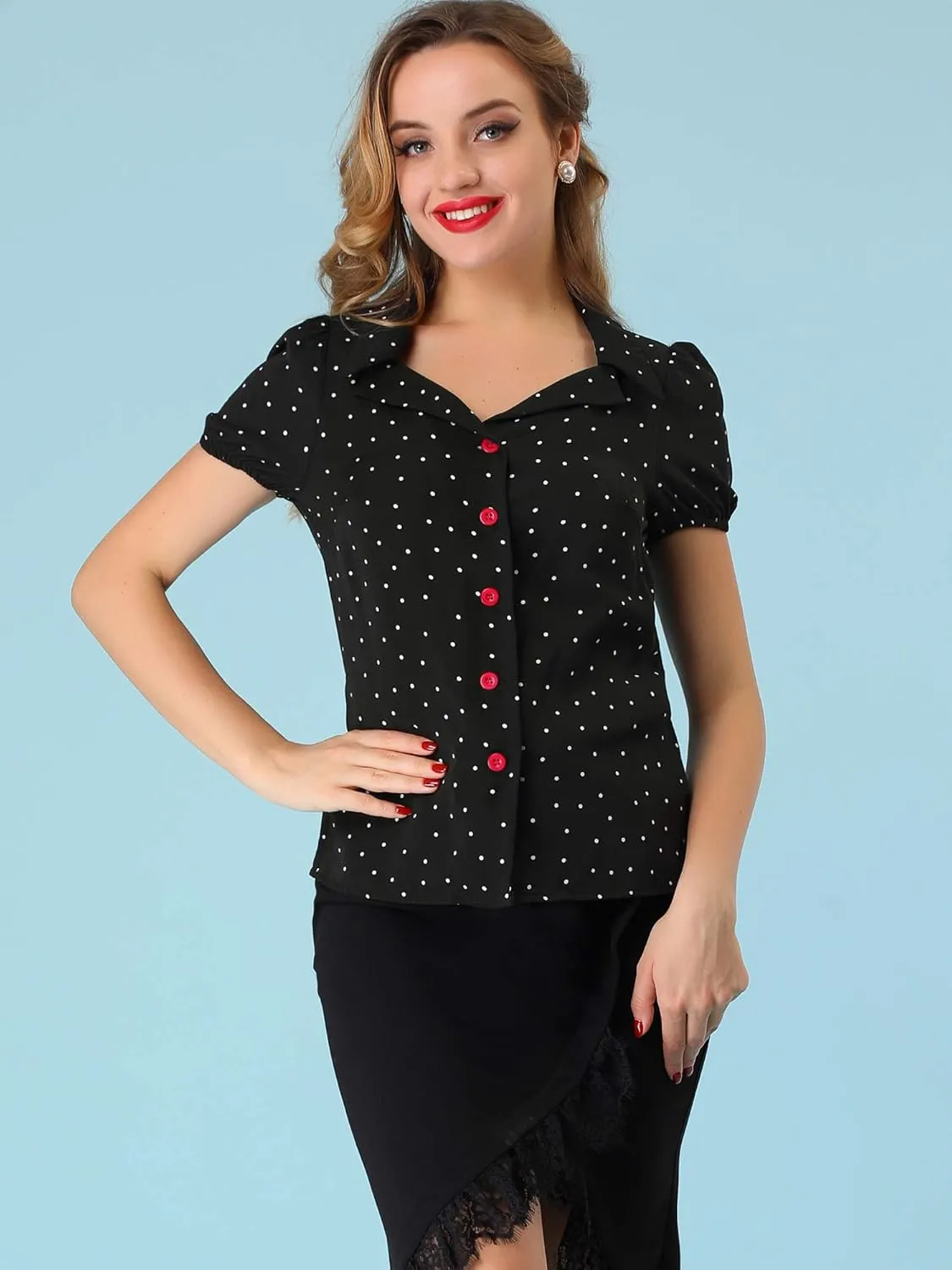 Allegra K Women's Polka Dots Short Sleeve Button Up Vintage 1950s Blouse