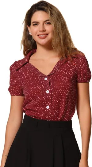 Allegra K Women's Polka Dots Short Sleeve Button Up Vintage 1950s Blouse