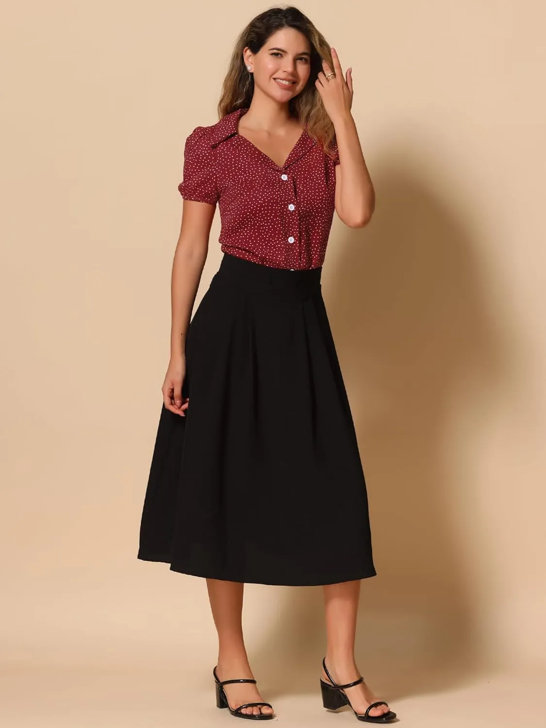 Allegra K Women's Polka Dots Short Sleeve Button Up Vintage 1950s Blouse