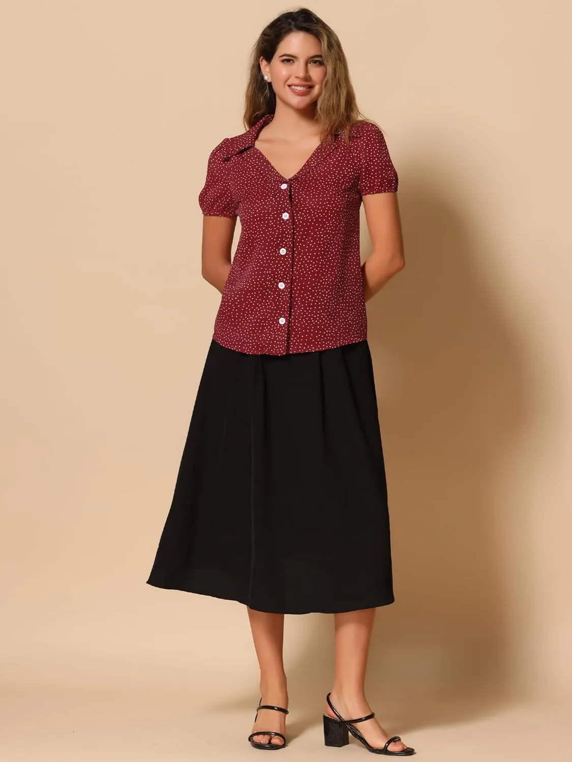 Allegra K Women's Polka Dots Short Sleeve Button Up Vintage 1950s Blouse