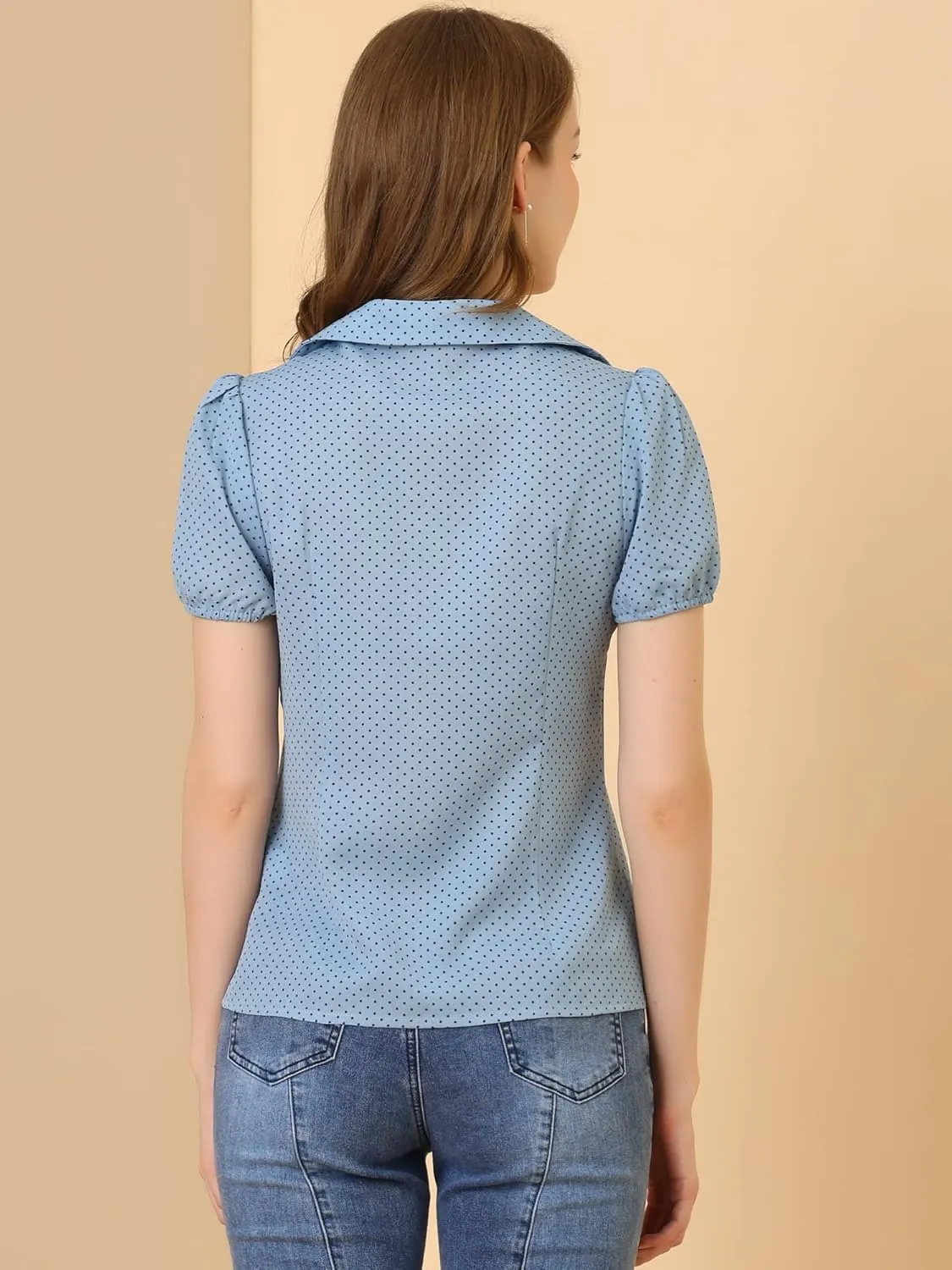 Allegra K Women's Polka Dots Short Sleeve Button Up Vintage 1950s Blouse