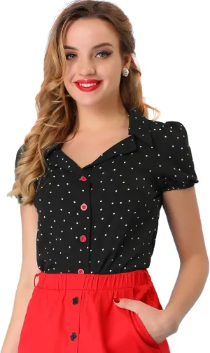 Allegra K Women's Polka Dots Short Sleeve Button Up Vintage 1950s Blouse
