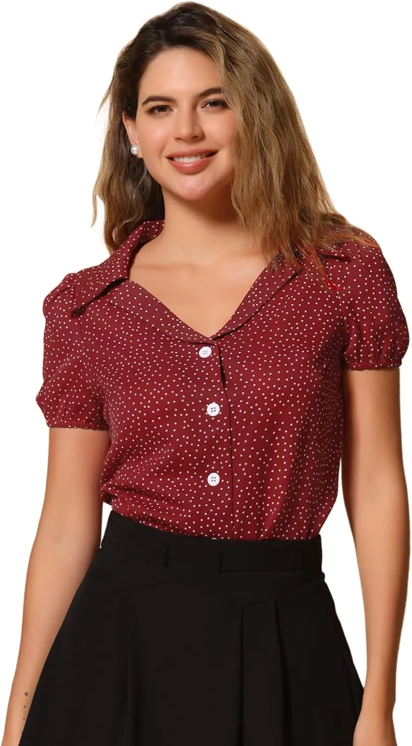 Allegra K Women's Polka Dots Short Sleeve Button Up Vintage 1950s Blouse