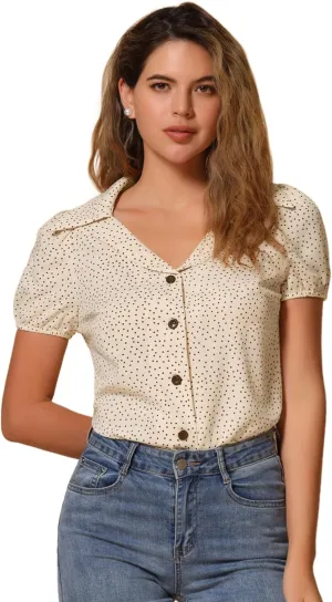 Allegra K Women's Polka Dots Short Sleeve Button Up Vintage 1950s Blouse