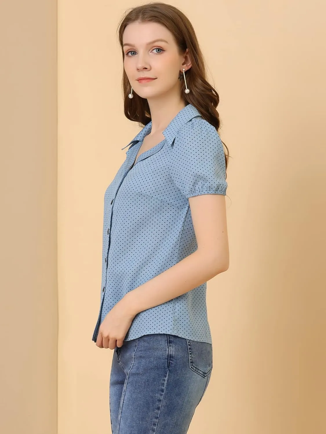 Allegra K Women's Polka Dots Short Sleeve Button Up Vintage 1950s Blouse