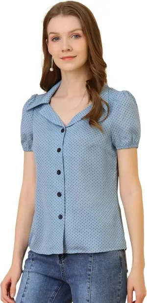 Allegra K Women's Polka Dots Short Sleeve Button Up Vintage 1950s Blouse