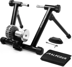 Alpcour Fluid Bike Trainer Stand for Indoor Riding – Portable Foldable Stainless Steel Trainer, Noise Reduction, Progressive Resistance, Dual-Lock System – Road & Mountain Bikes' Stationary Exercise