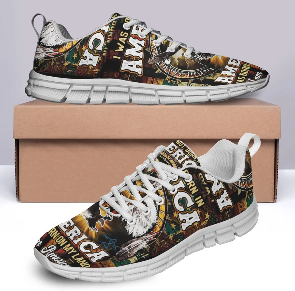 America was Born On My Land Native American Flag Shoes for Women Men Tennis Shoes 3D Print Fashion Running Sneakers
