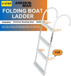Anchor-Man Aluminum 4-Step Boat Ladder - Heavy-Duty, Anti-Slip, Silver Gray, Fits Inflatable, Jon, Fishing, Bass, Pontoon, Yacht Boats