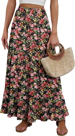 ANRABESS Womens Maxi Skirt Elastic High Waist Swing Tiered A-line Flowy Pleated Boho Beach Vacation Long Skirts