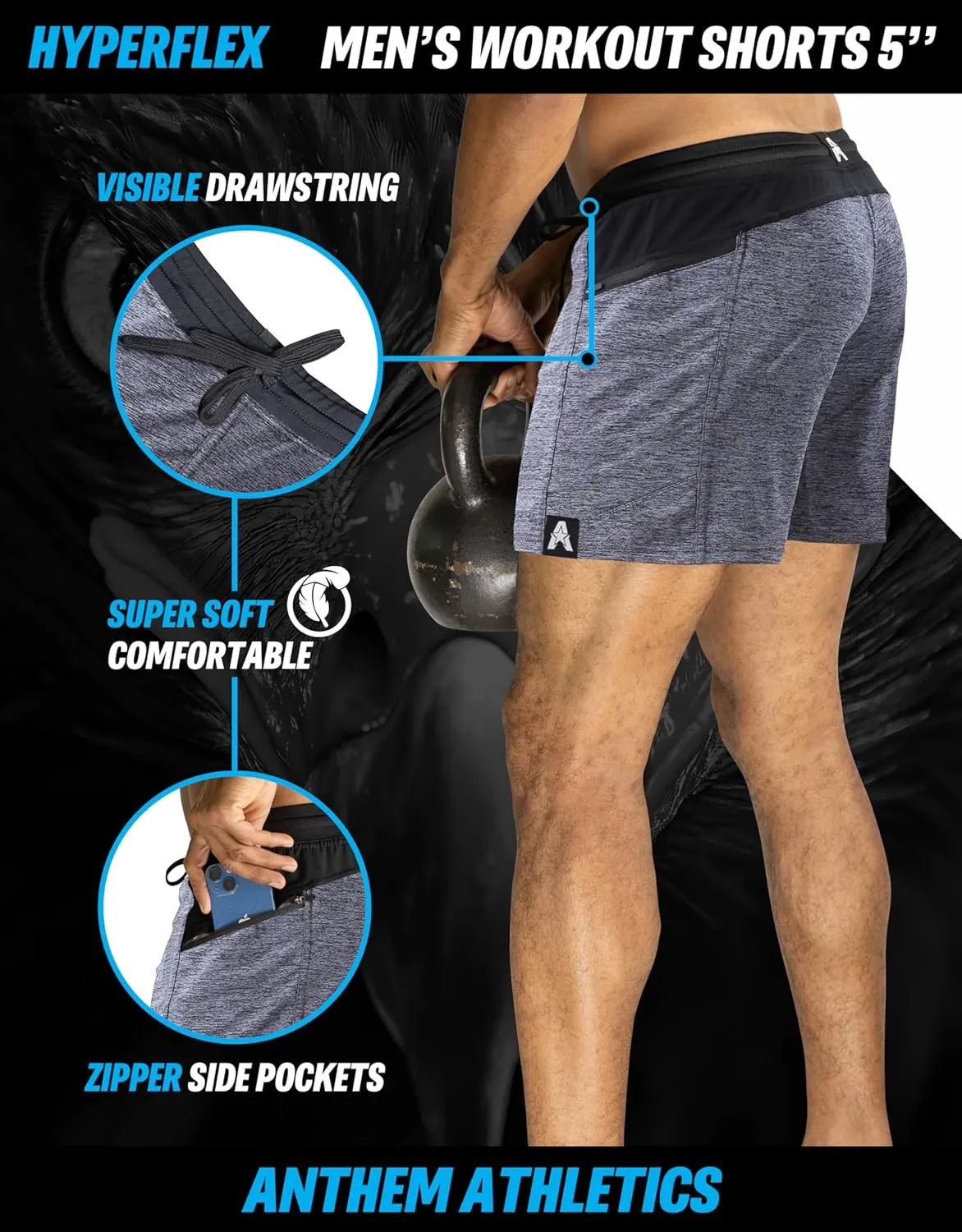 Anthem Athletics Hyperflex Mens Gym Shorts 5" 7" 9" Inseam Workout Athletic Sport Exercise Training Running Shorts for Men