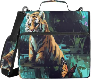 ATTX Butterfly Tiger Zipper Binder with Adjustable Padded Strap - 3 Ring 500 Sheet Capacity Binder Bag with Multi-Pocket Organizer, Fits 12 Inch Laptop#319
