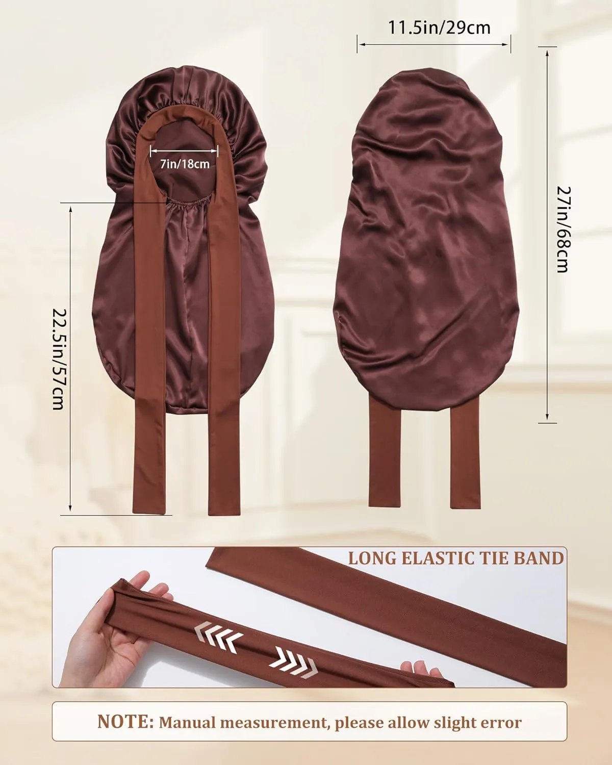AWAYTR Long Silk Bonnet for Sleeping - 100% Mulberry Silk Bonnet for Women Long Hair Sleep Cap with Elastic Tie Band (Brown)