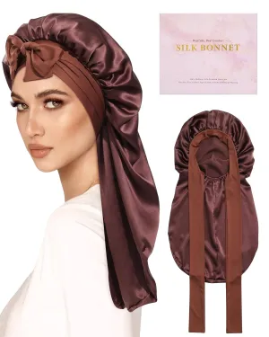 AWAYTR Long Silk Bonnet for Sleeping - 100% Mulberry Silk Bonnet for Women Long Hair Sleep Cap with Elastic Tie Band (Brown)