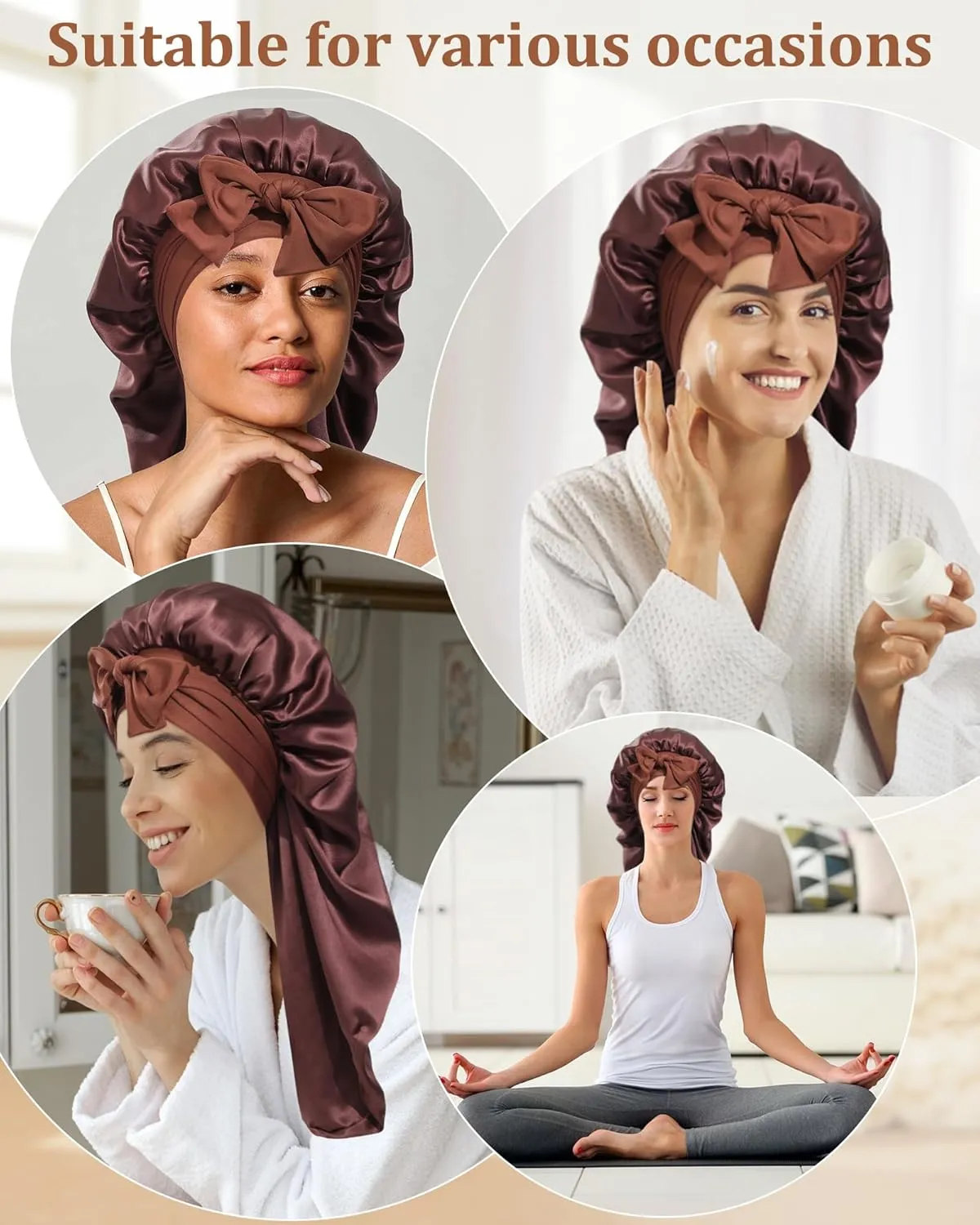 AWAYTR Long Silk Bonnet for Sleeping - 100% Mulberry Silk Bonnet for Women Long Hair Sleep Cap with Elastic Tie Band (Brown)
