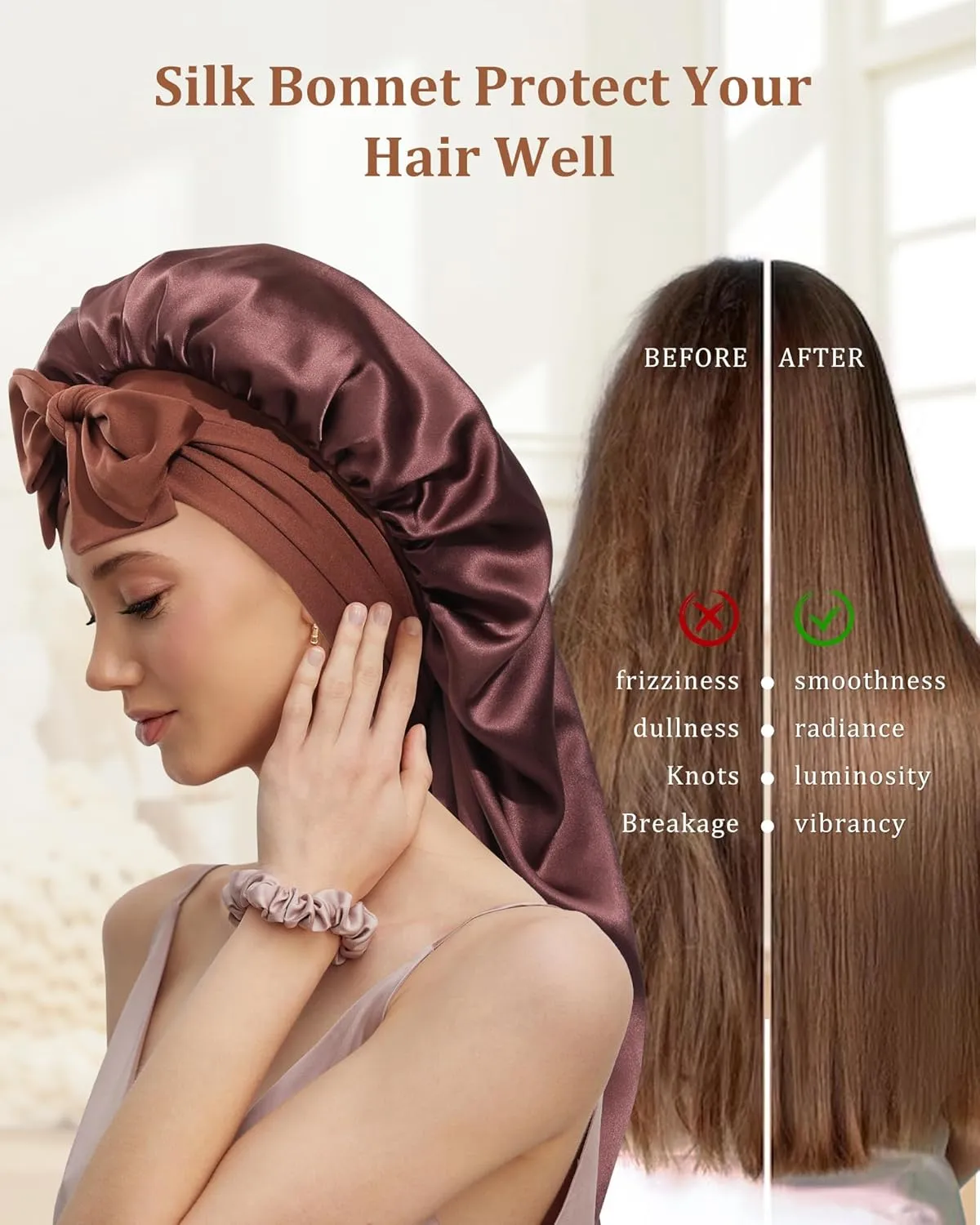 AWAYTR Long Silk Bonnet for Sleeping - 100% Mulberry Silk Bonnet for Women Long Hair Sleep Cap with Elastic Tie Band (Brown)