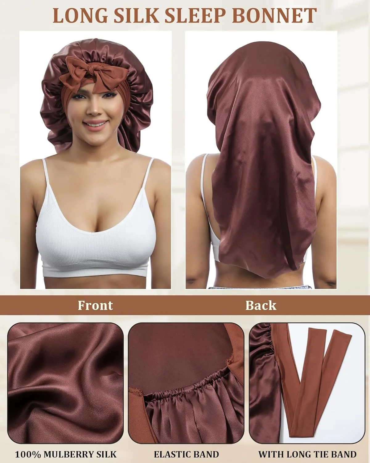 AWAYTR Long Silk Bonnet for Sleeping - 100% Mulberry Silk Bonnet for Women Long Hair Sleep Cap with Elastic Tie Band (Brown)