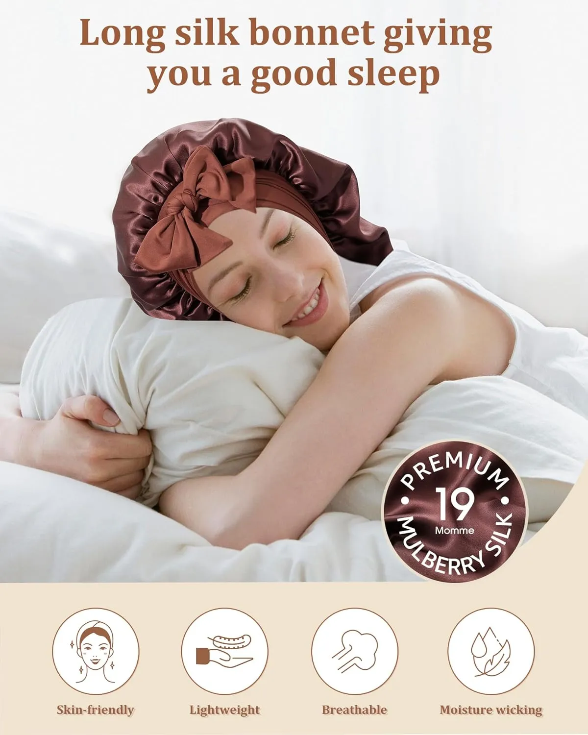 AWAYTR Long Silk Bonnet for Sleeping - 100% Mulberry Silk Bonnet for Women Long Hair Sleep Cap with Elastic Tie Band (Brown)