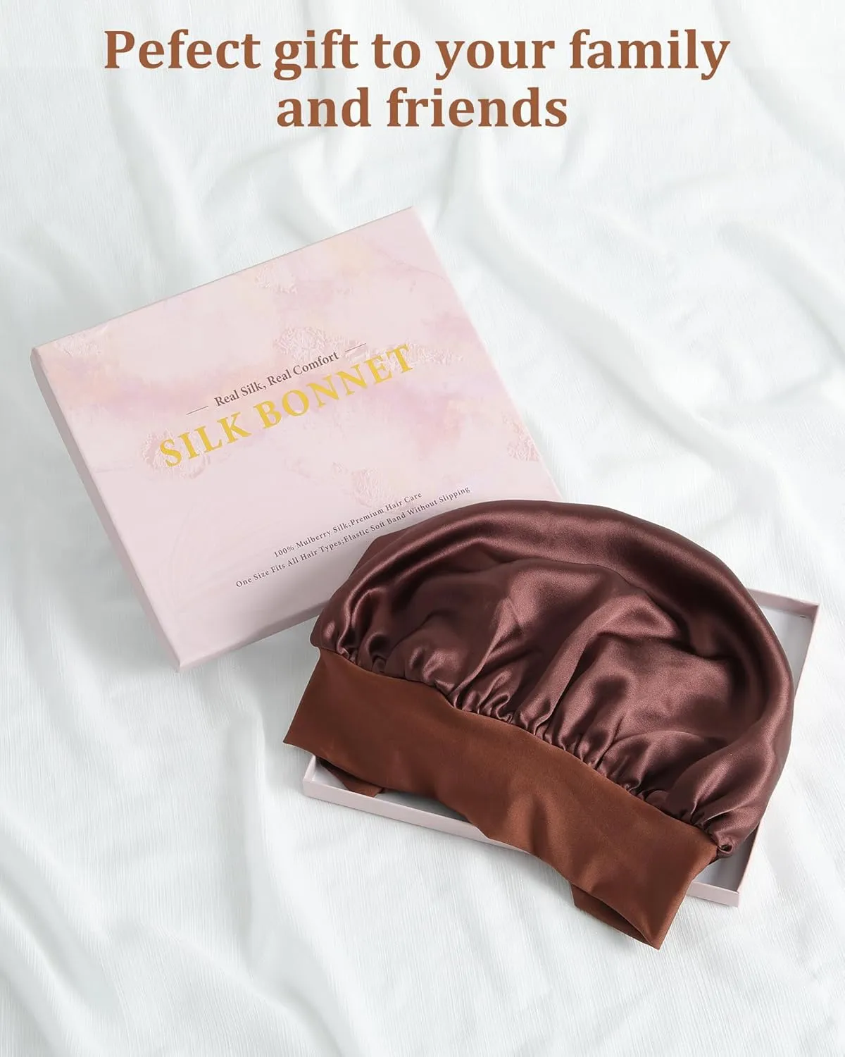 AWAYTR Long Silk Bonnet for Sleeping - 100% Mulberry Silk Bonnet for Women Long Hair Sleep Cap with Elastic Tie Band (Brown)
