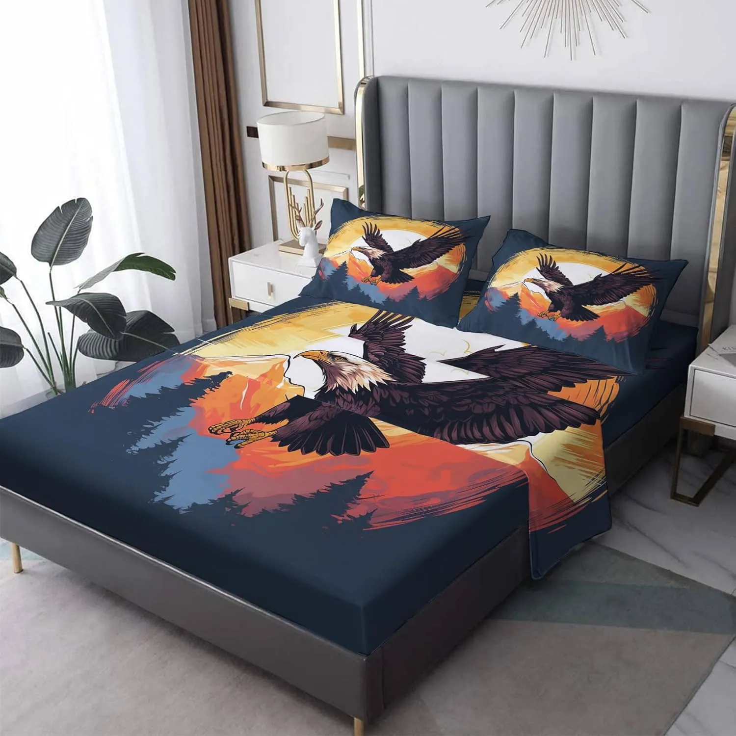 Bald Eagle Sheets Twin XL Size - Eagle Bed Sheets, Soft Microfiber & Deep Pocket & Wrinkle Free Patterned Bedding Sheets & Pillowcases, 3 Piece (1 Fitted Sheet, 1 Flat Sheet, 1 Pillow Case)