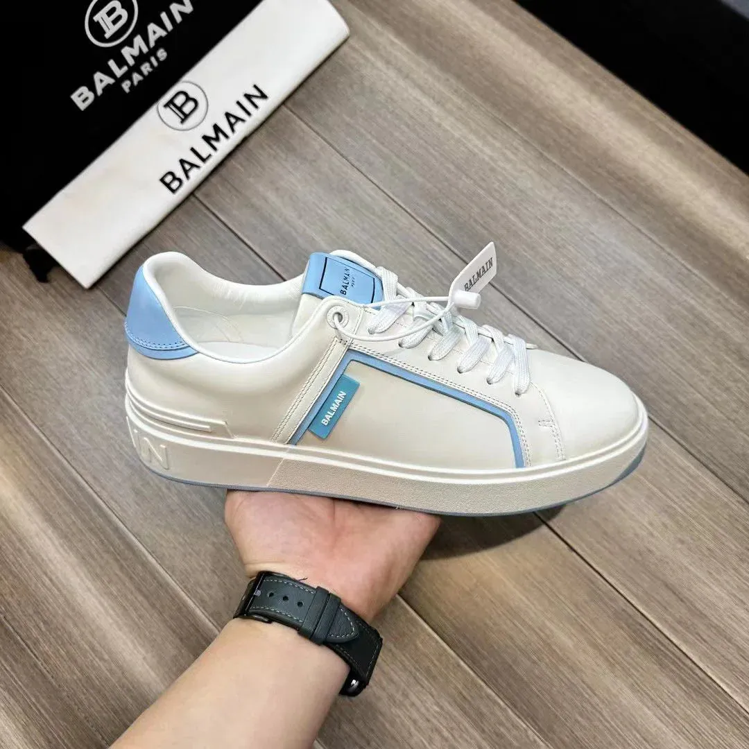 BALMAIN || B-Court Smooth Leather Trainers Sneaker White/Blue