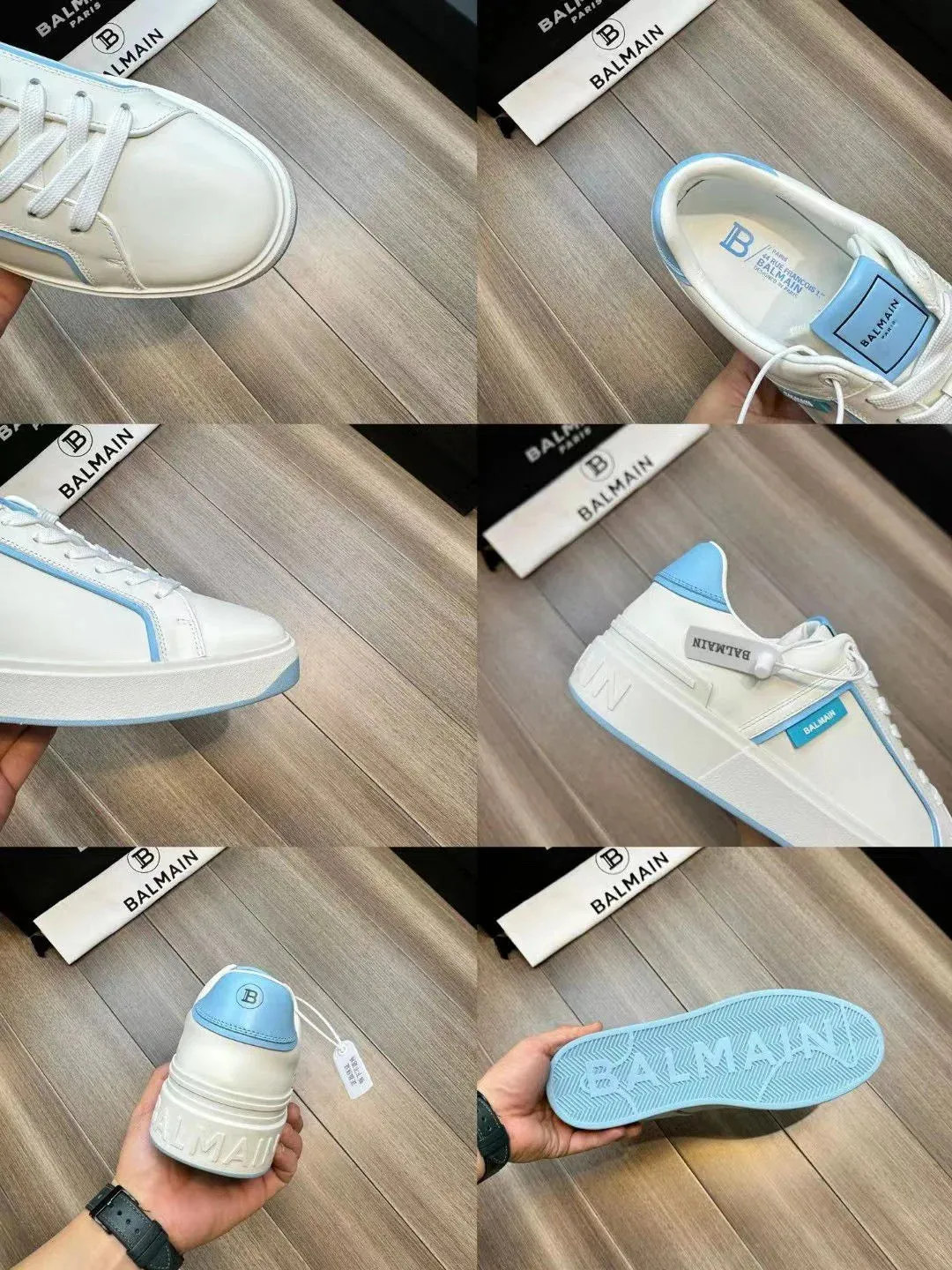 BALMAIN || B-Court Smooth Leather Trainers Sneaker White/Blue