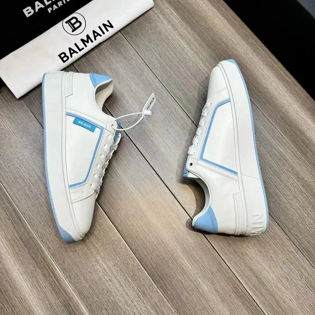 BALMAIN || B-Court Smooth Leather Trainers Sneaker White/Blue