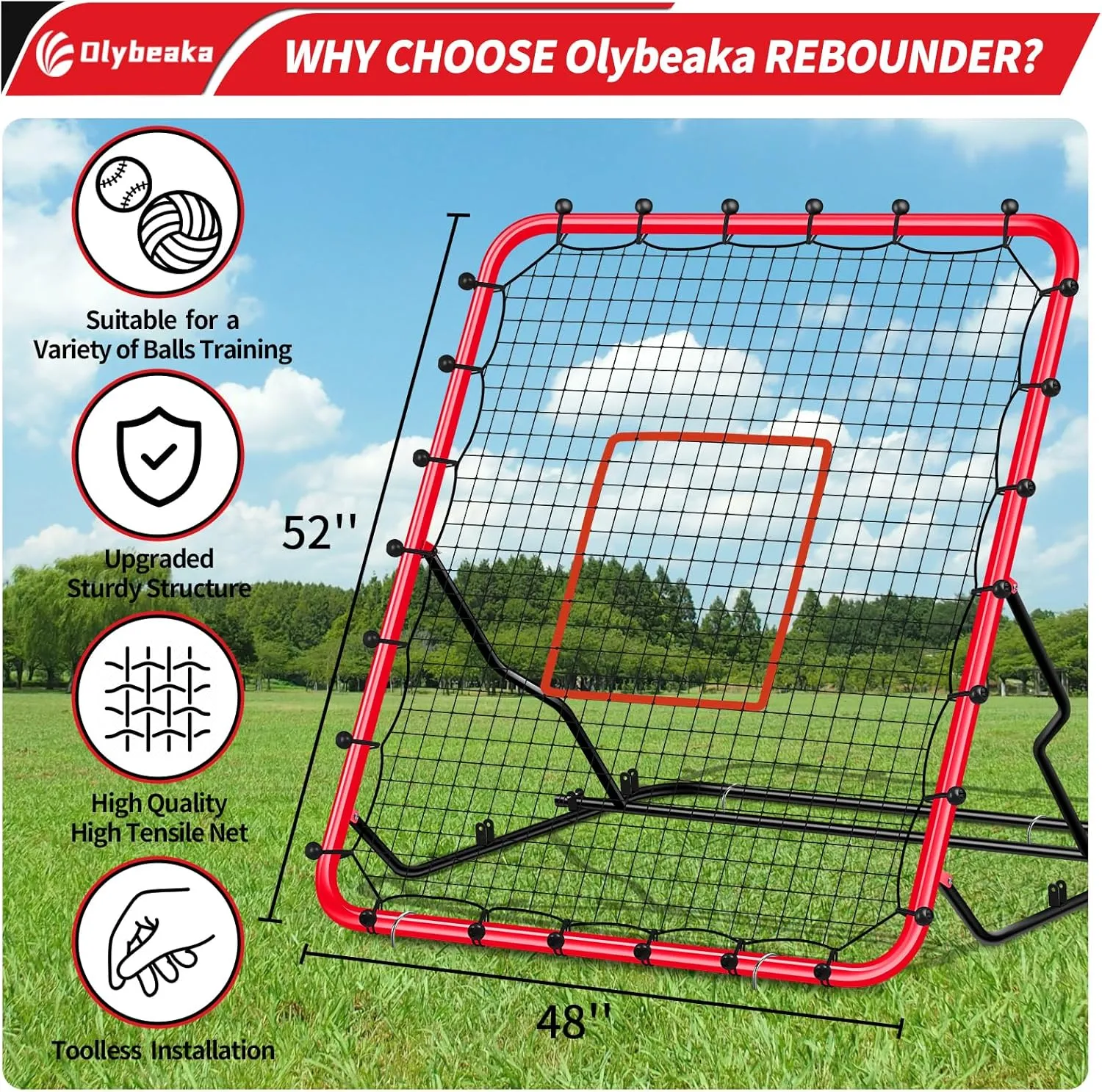 Baseball Rebounder Net, 48" x 52" Baseball & Softball Rebound Net with 3 Adjustable Angles - Pitch Back Rebound Net - Bounce Back Return Net - Fielding Trainer with Carry Bag
