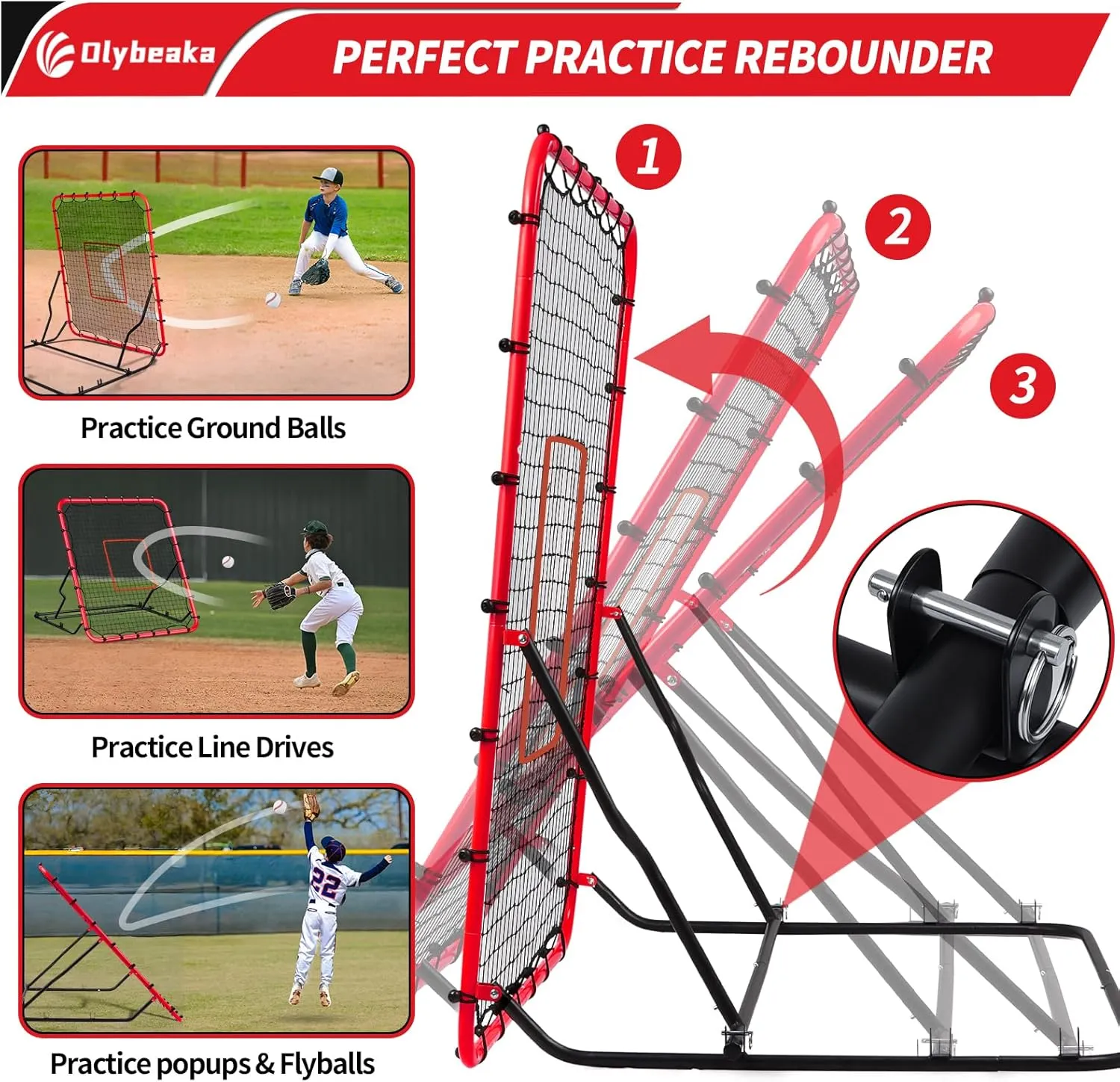 Baseball Rebounder Net, 48" x 52" Baseball & Softball Rebound Net with 3 Adjustable Angles - Pitch Back Rebound Net - Bounce Back Return Net - Fielding Trainer with Carry Bag